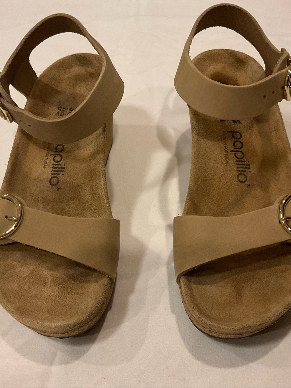 Birkenstock Papillio Beige Ankle-Strap Sandals with Gold Buckles Size 38